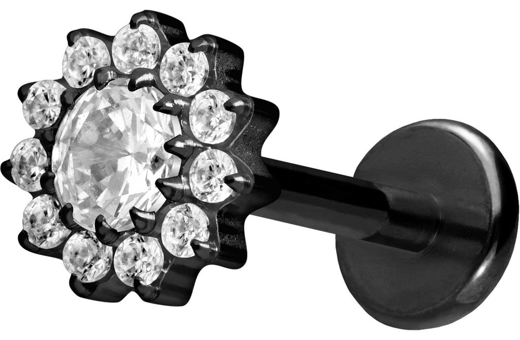 Ohrpiercing, Nasenpiercing Titan Labret mit Push Fit KRISTALLBLUME Schwarz Stablänge: 10mm | Stabstärke: 1mm