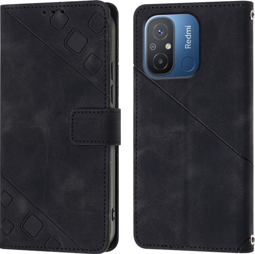 Hülle für Xiaomi Redmi 12C Prägung Flip Leder Brieftasche Schutzhülle mit Ständer Schwarz