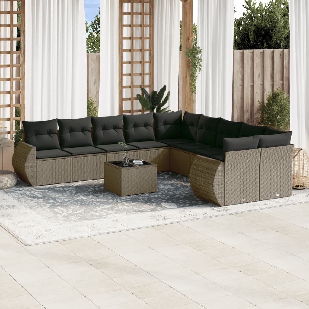 "Rabatt" 11-tlg. Garten-Sofagarnitur - mit sofa - mit Kissen Hellgrau Poly Rattan - Lounge-Dining set CC10124