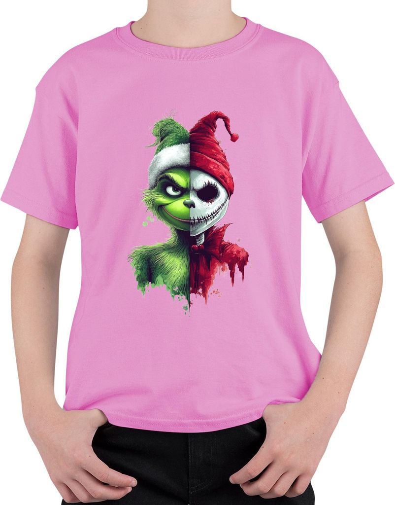 Grinch Skelett Halb Gesicht grün Weihnachten Horror düster Uni Kinder T-Shirt, Pink, 152