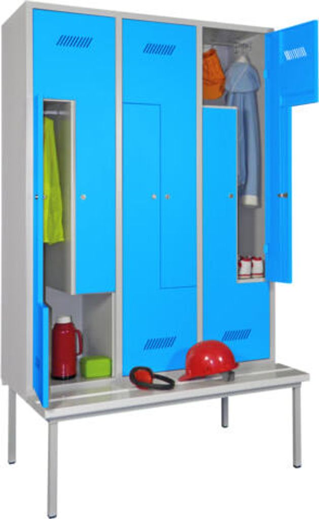Z-Kleiderschrank m. Sitzbankuntergestell - Höhe 215 cm - 6 Fächer - Zylinderschloss - himmelblau/enzianblau