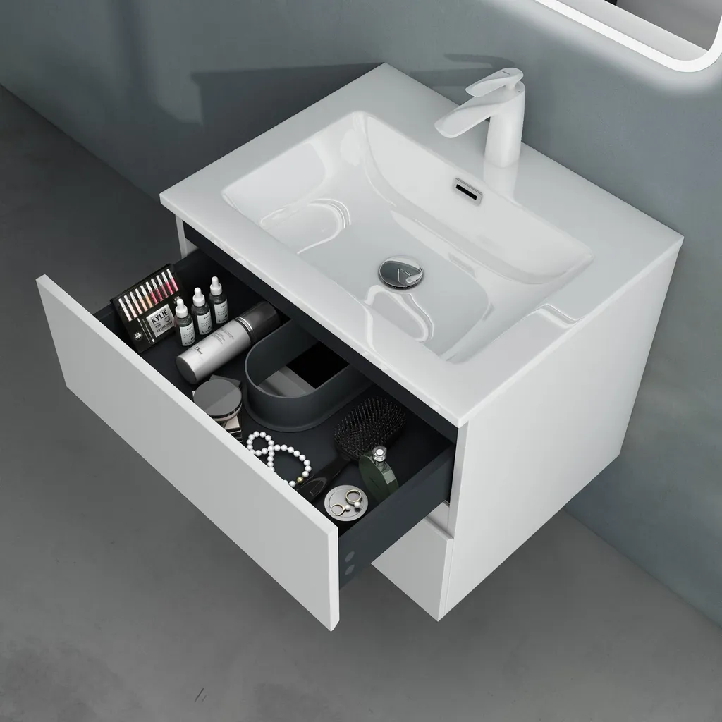 Meuble Vasque Salle de Bain Suspendu avec Lavabo en Solid Surface 60cm