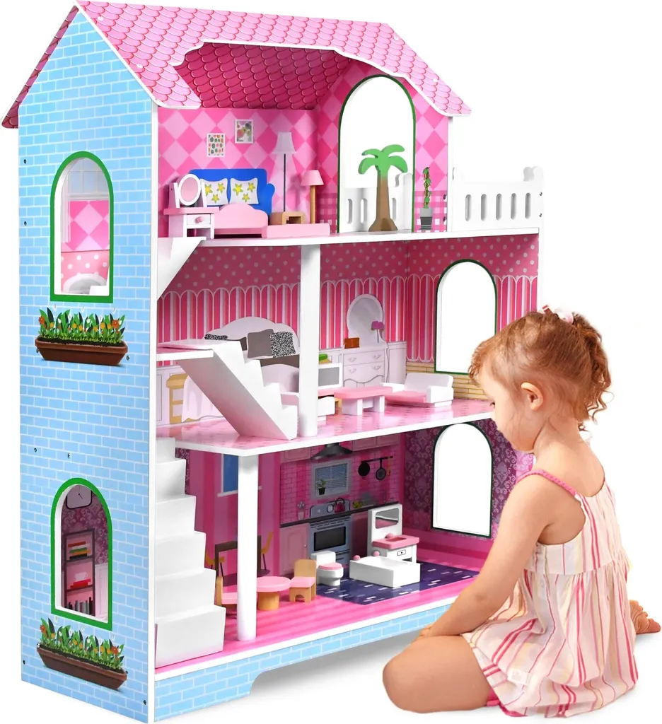 Grande maison de poupées rose TRMLBE en bois à 3 étages avec meubles