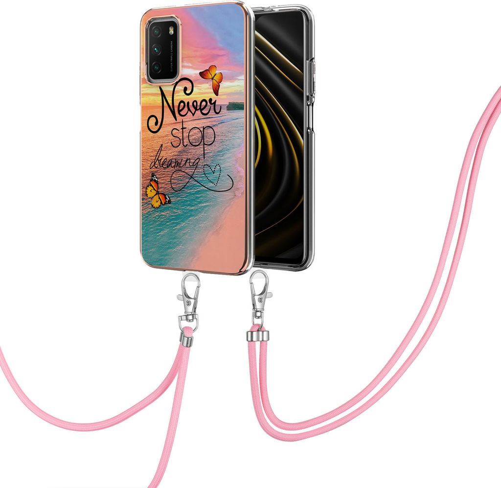 Handykette Hülle für Xiaomi Poco M3 Muster TPU Schutzhülle mit verstellbarem Tragegurt Gold