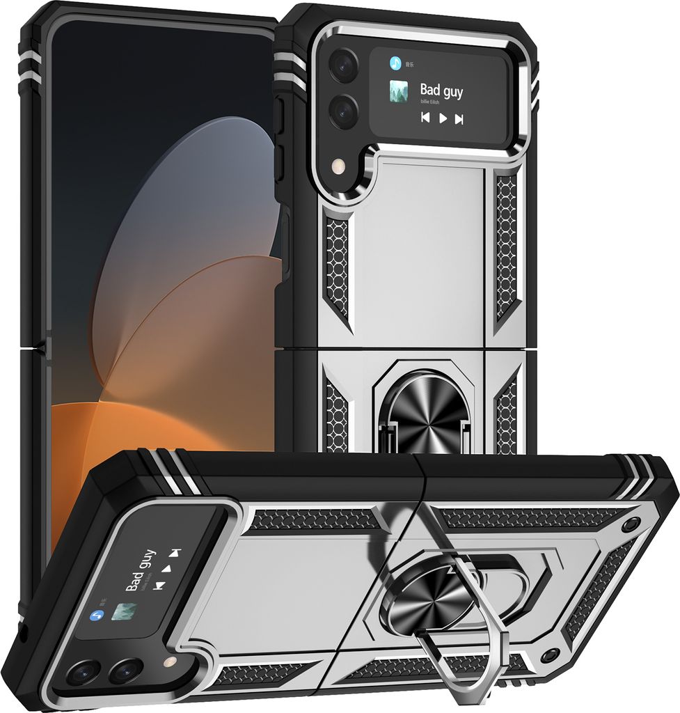 Samsung Galaxy Z Flip4 Hülle, Dual Layer Militäre Fallschutz Schutzhülle mit Ringhalterung Ständer für Samsung Galaxy Z Flip 4 5G Silber