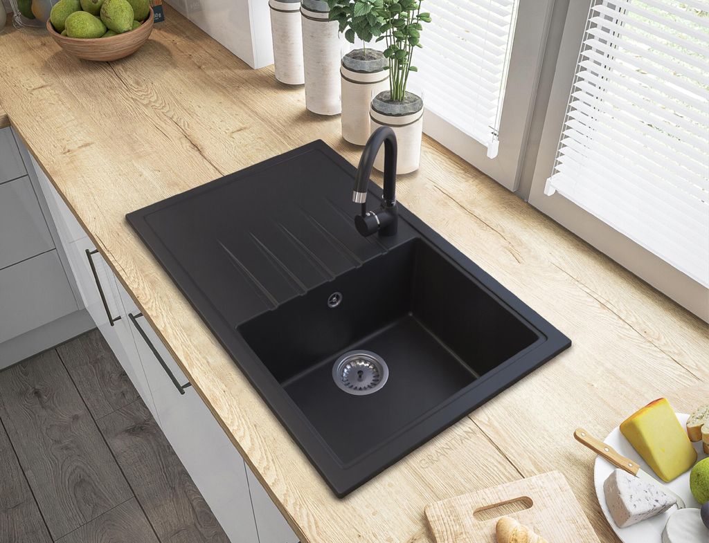 Graniatn | Granit-Spülbecken mit 1 Becken + Armatur + Siphon – Set für die Küche - sachwarz