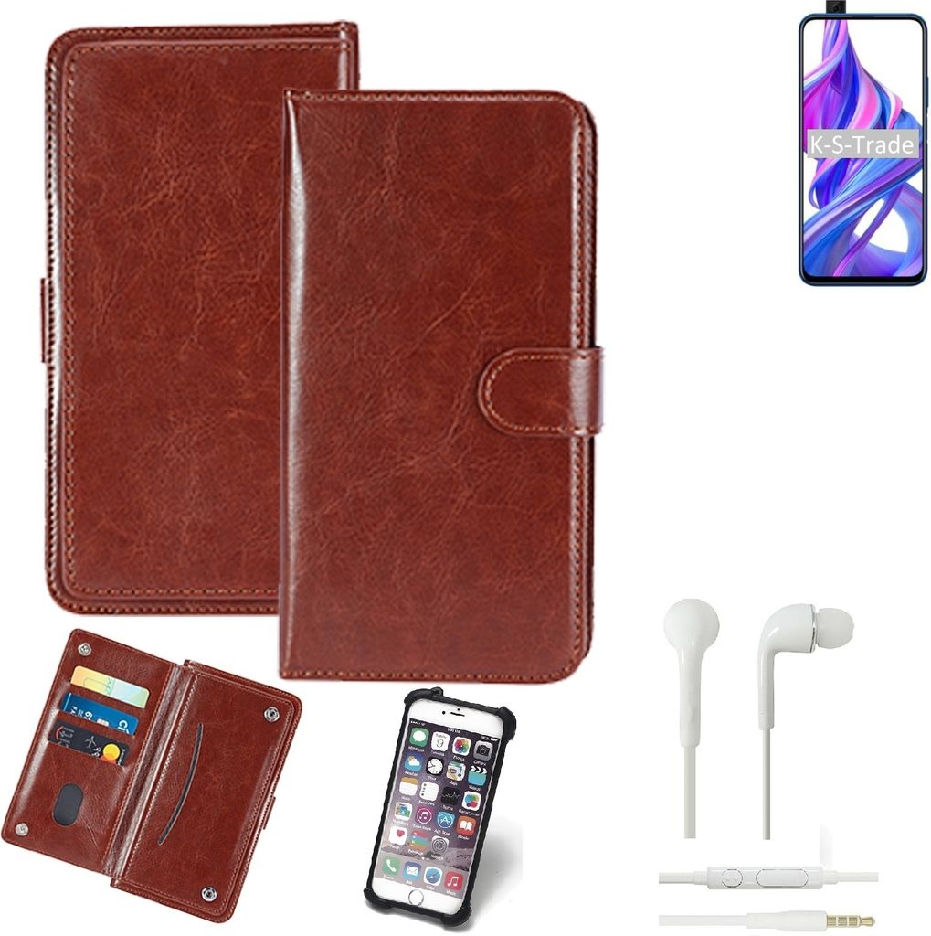 K-S-Trade 360° Hülle kompatibel mit Huawei Honor 9X inkl. Headphones braun Kunstleder Case BookCase WalletCase Kunstlederederhülle Handyhülle,