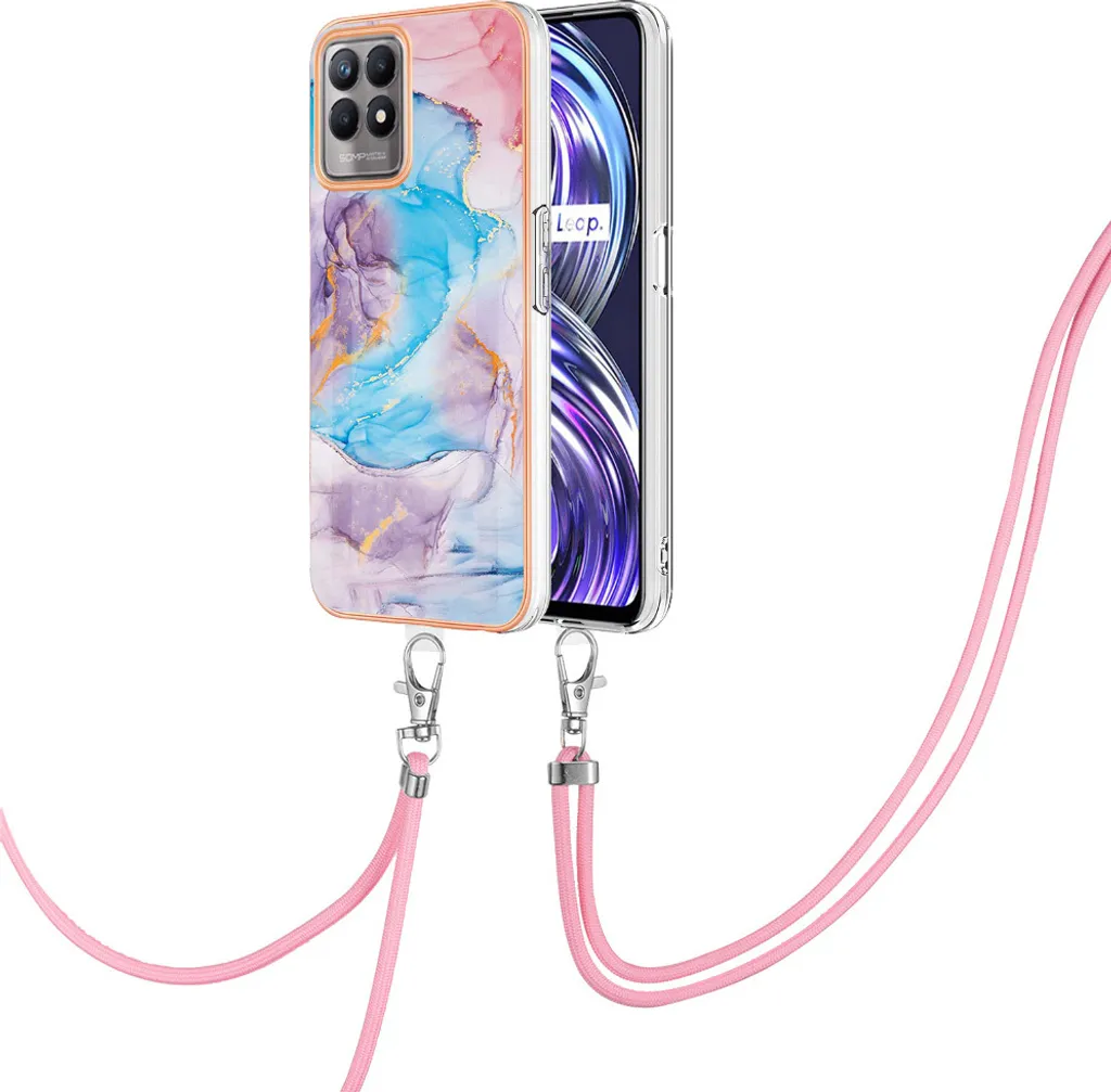 Custodia Elegante Realme 8i con Tracolla Blu e Design Fantasia