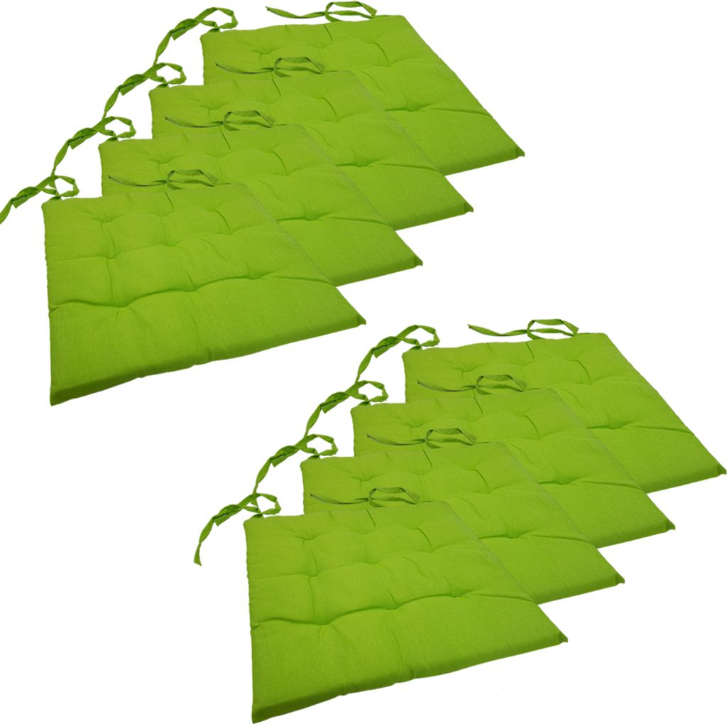 Stuhlkissen 40x40 cm ComfySeat - Sitzkissen mit Bändern / Schleife, 9-fache Steppung - Indoor & Outdoor, Farbe:Grün, Set:8er Set