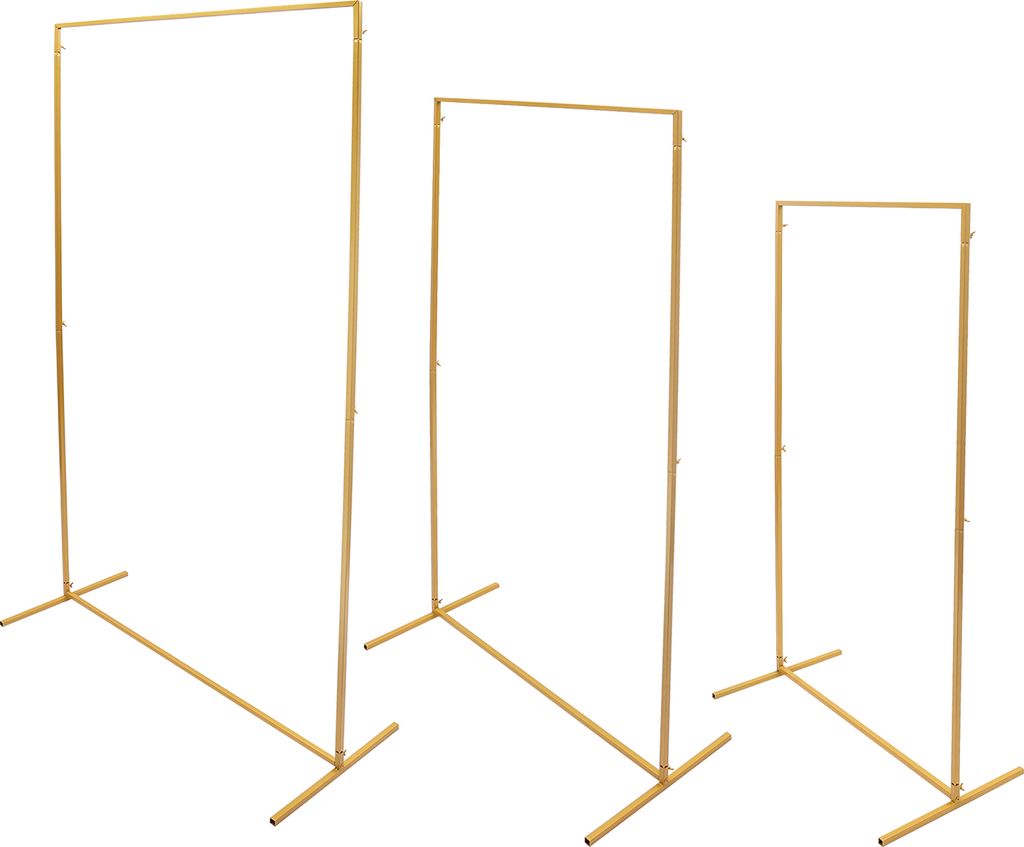 Three gold metal stands of varying heights are arranged on a white background.