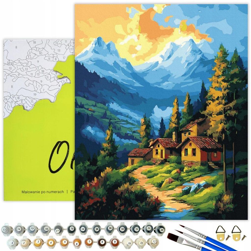 Oh Art! Malen nach Zahlen Landschaft Berge Haus 40x50 cm Leinwand Mit Holzrahmen 33 Acrylfarben 3 Pinsel Set - für Erwachsene und Kinder- DIY Bild