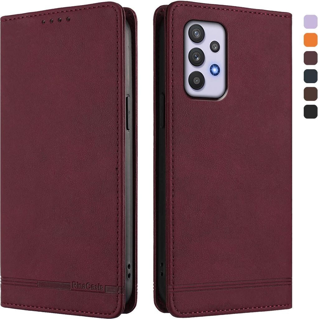 Hülle für Samsung Galaxy A32 5G, Retro Kunstleder Ständer Klapphülle mit Kartenfächer und Magnetische Rot