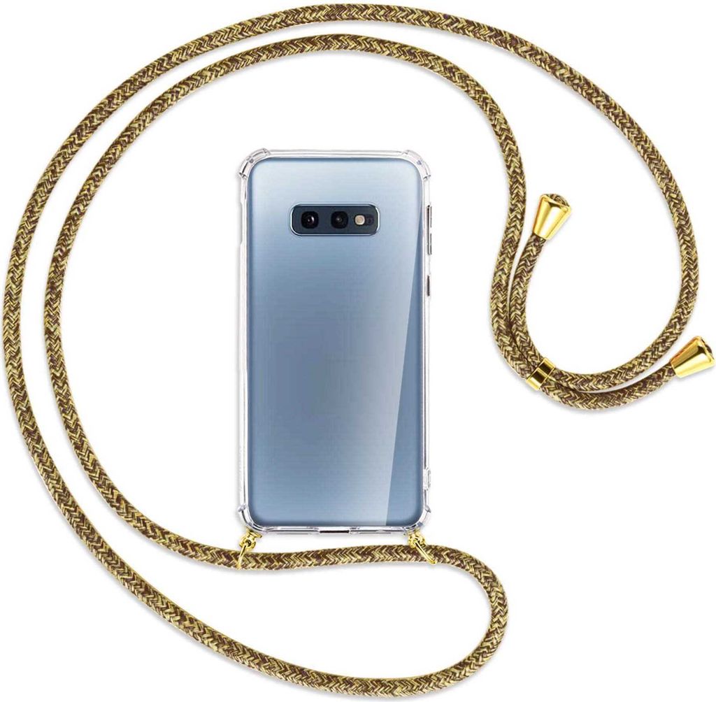 Handykette Backcover-Schutzhülle mit Band (Metall goldfarben) für Samsung Galaxy S10e - braun+beige