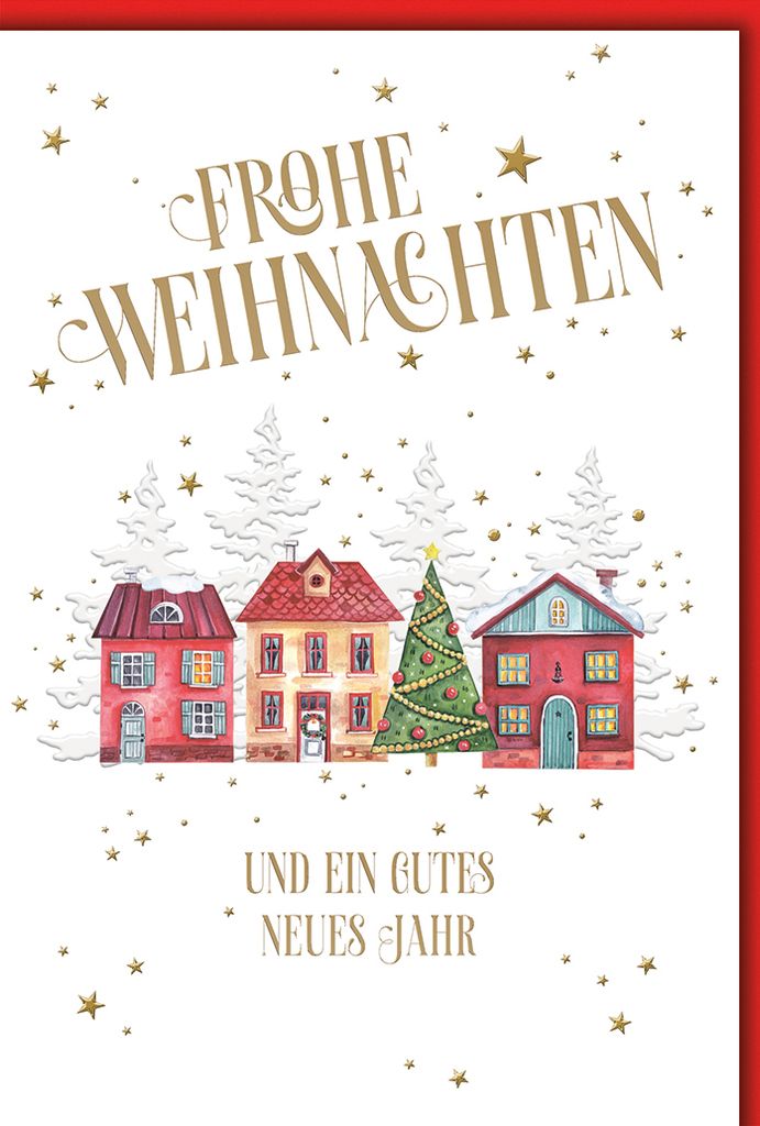 Weihnachten Drei Häuser und Weihnachtsbaum Glückwunschkarte mit Umschlag