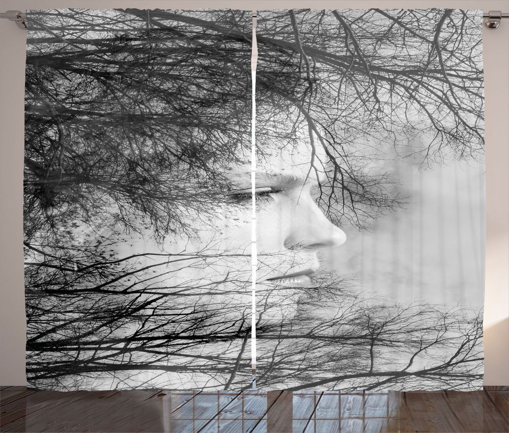 ABAKUHAUS Schwarz und weiß Rustikaler Gardine, Frau und Bäume, Schlafzimmer Kräuselband Vorhang mit Schlaufen und Haken, 280 x 245 cm, Schwarz u...