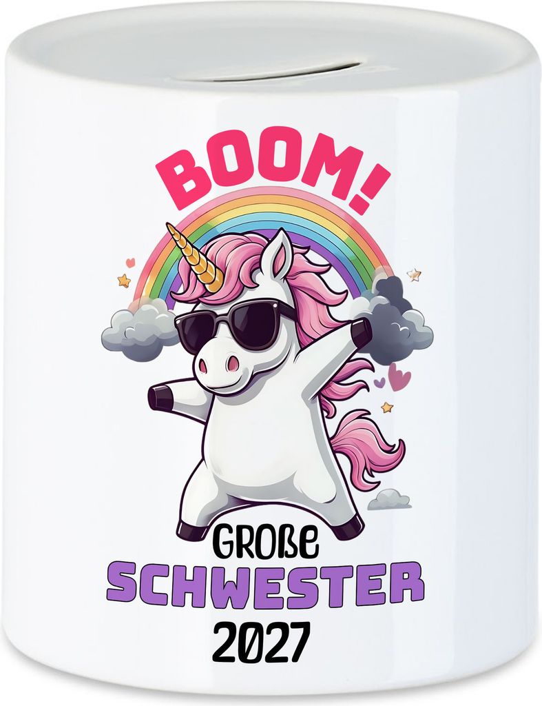 Boom Große Schwester 2027 Spardose Geschenk Einhorn Geschwister Geburt Überraschung Freude Party