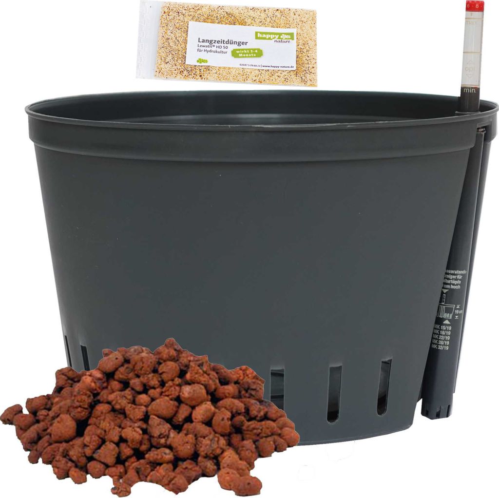 Set 4 teilig für Hydrokultur Kulturtopf 32/19 Ø 32 cm H 19 cm Wasserstandsanzeiger Blähton Dünger HD50
