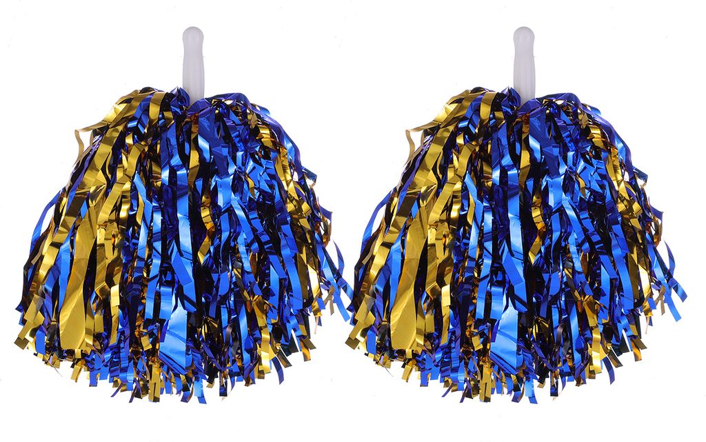 2 Stück Cheerleader-Pom-Poms aus Metallicfolie, Cheerleader-Pom-Poms, Handblumen mit Griff für Sportwettbewerbe, Feiern, Blau und Gold