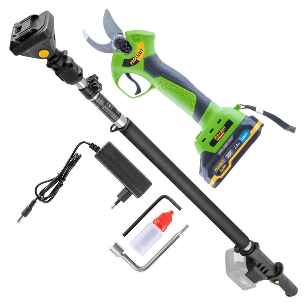 Procraft ES28Li Akku Astschere 20 V Brushless + Teleskop Verlängerung Aufsatz + 1x Akku 2,0 Ah + Ladegerät + Koffer