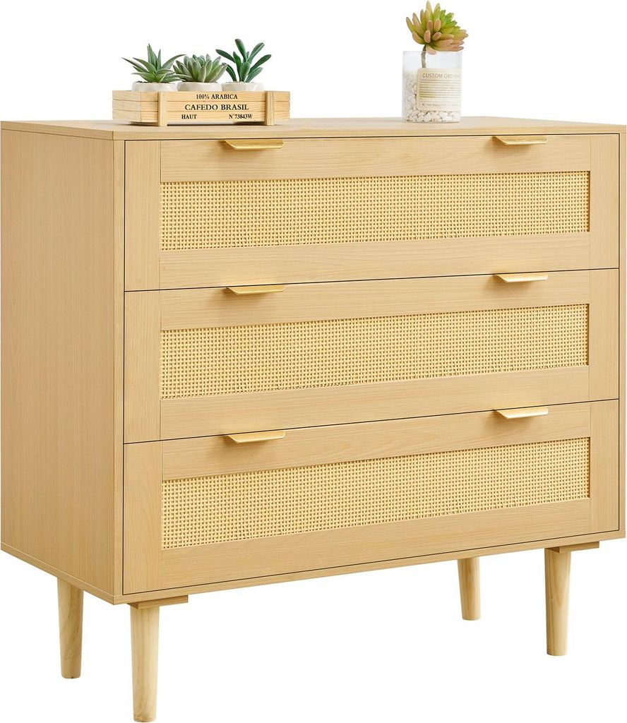 Rattan Kommode - Schubladenschrank - 3 Schubladen - Rattanfronten - Metallgriffe - Holzbeine - Für Schlafzimmer, Wohnzimmer, Flur - 80 x 35 x 77 cm