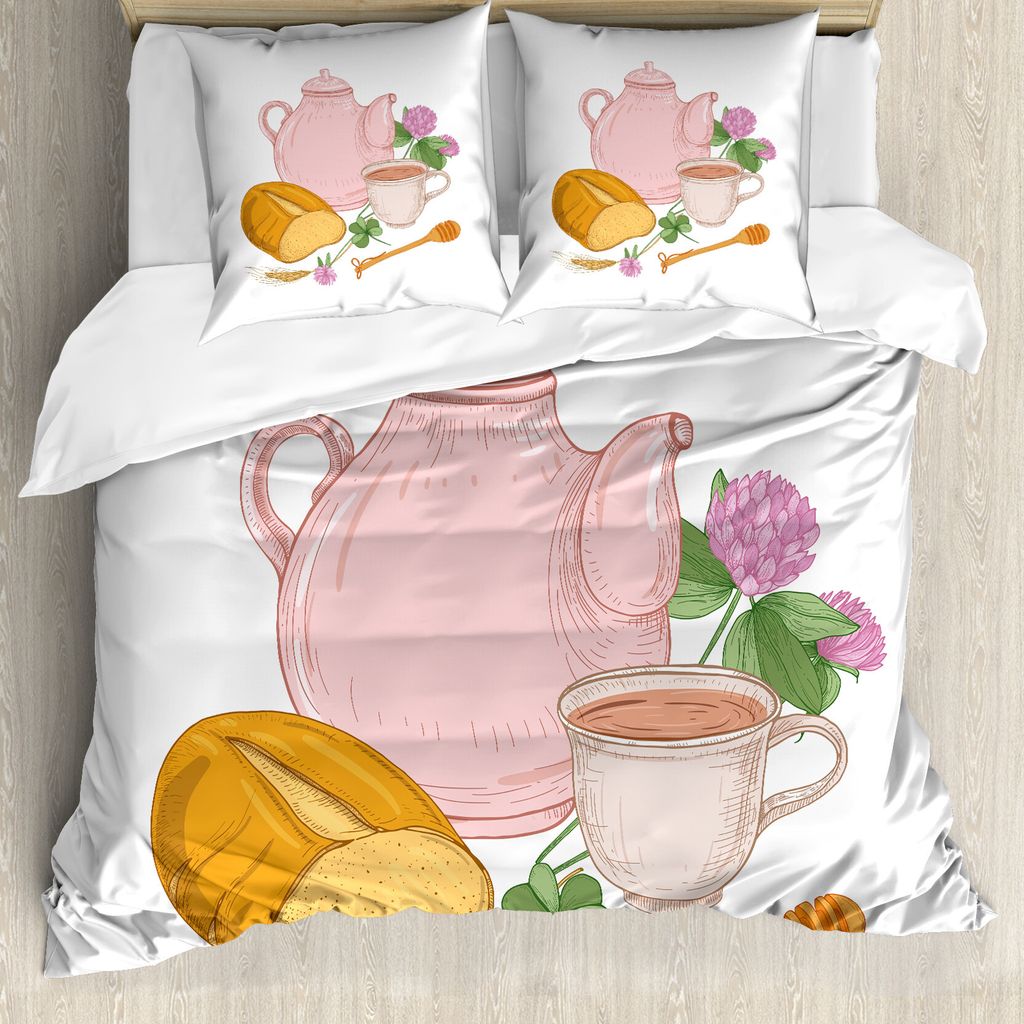 ABAKUHAUS Tee-Party Bettbezug Set für Einzelbetten, Honig Löffel Tasse Kaffee, Milbensicher Allergiker geeignet mit Kissenbezug, 200 cm x 200 cm ...