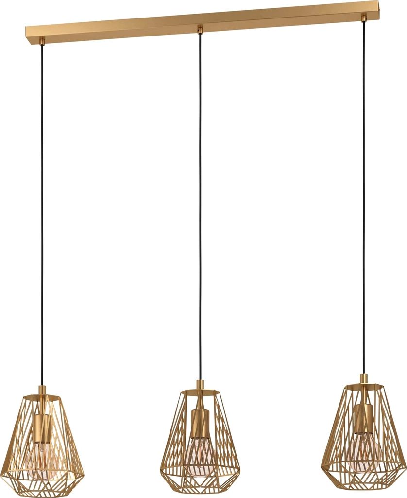 A three-light pendant lamp with gold-colored metal cages.