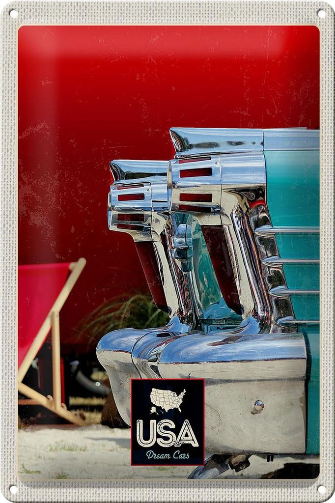 Blechschild Reise 20x30cm Amerika Oldtimer blau silber Urlaub