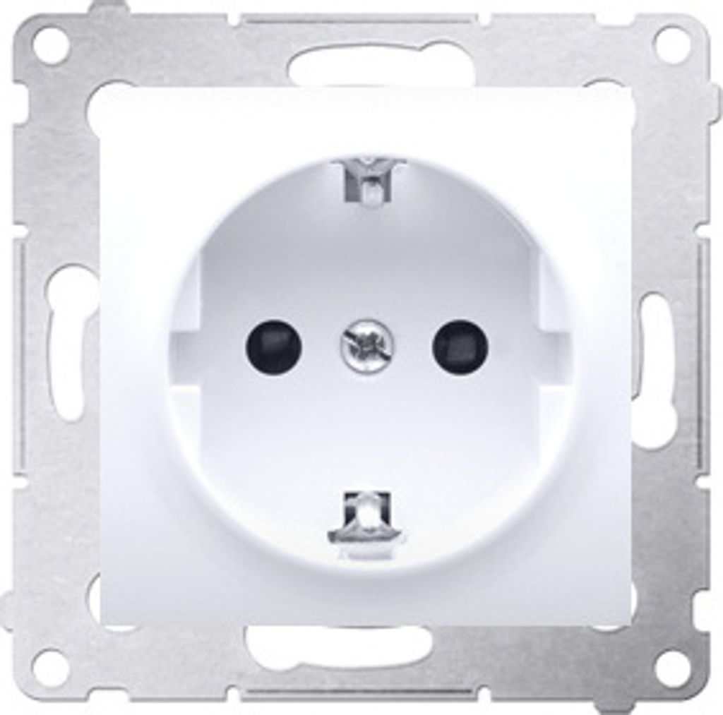A close-up view of a white electrical socket with a metal mounting frame.