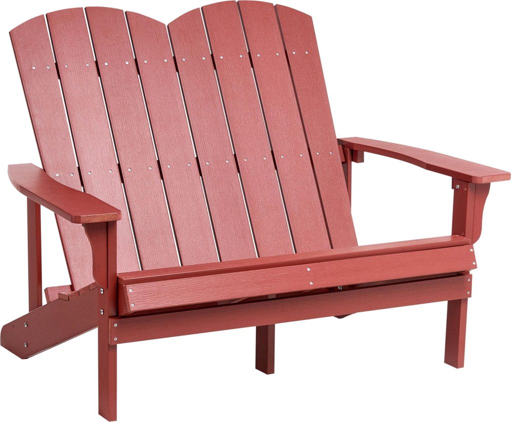BELIANI 2-Sitzer Gartenbank Rot Kunstholz 125 cm Breite Armlehnen Holzoptik Niedrige Sitzhöhe Muskoka Adirondack Stil Terrasse Outdoor Sitzbank