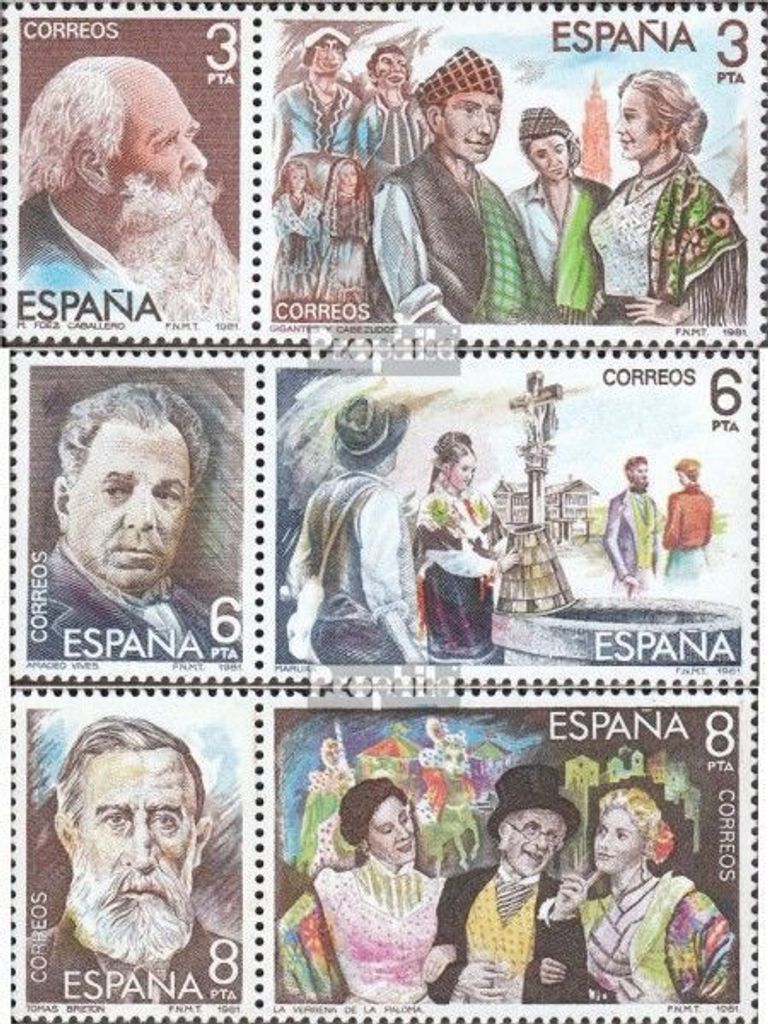 Briefmarken Spanien 1982 Mi 2539-2544 Paare (kompl.Ausg.) postfrisch Komponisten