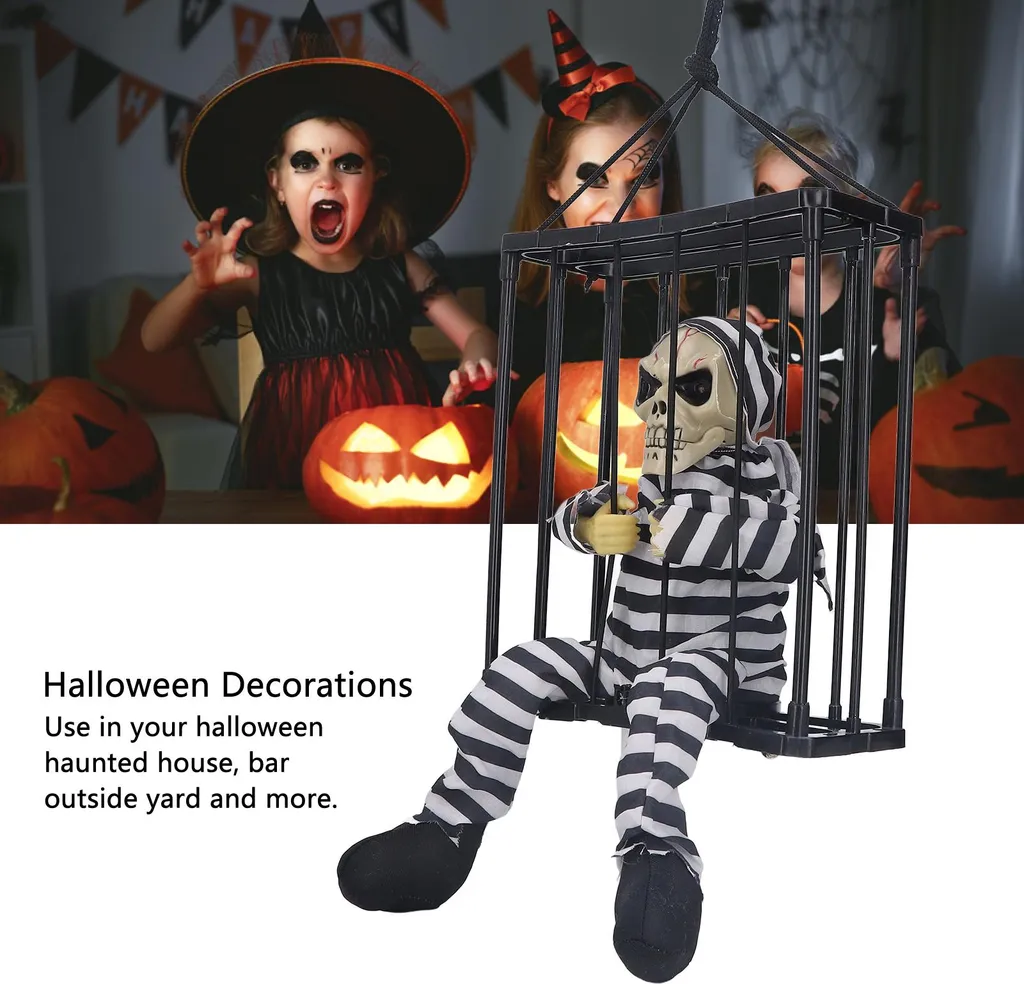Fantôme prisonnier Halloween en cage avec yeux brillants et cris - 27cm