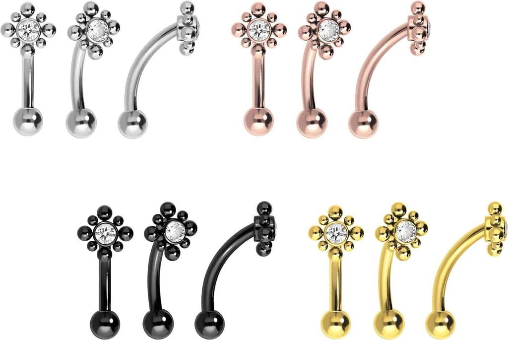 Bauchnabel-Piercing, Rook Piercing Titan Banane mit Push Fit KRISTALL + KUGELQUADRAT Silber Stablänge: 8mm
