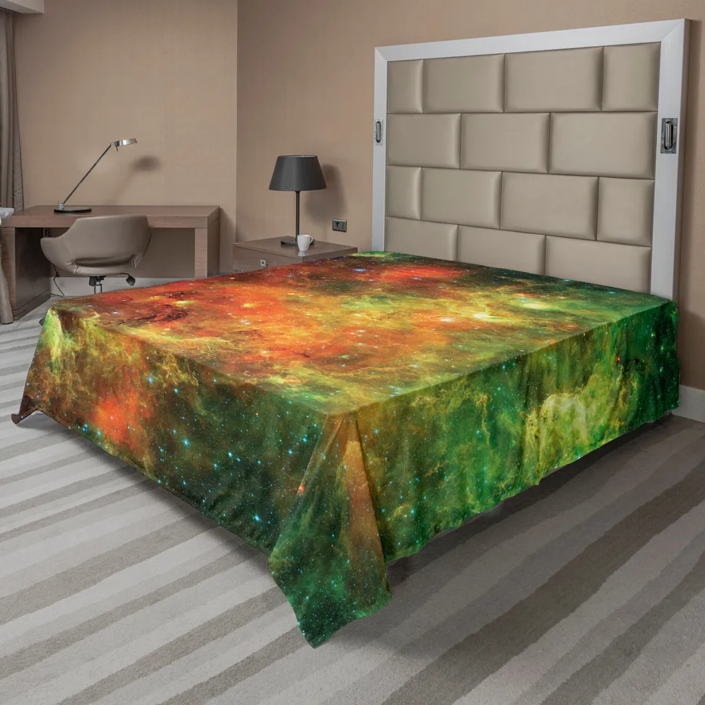 Drap de lit plat motif galaxie nébuleuse orange vert 275x260 cm
