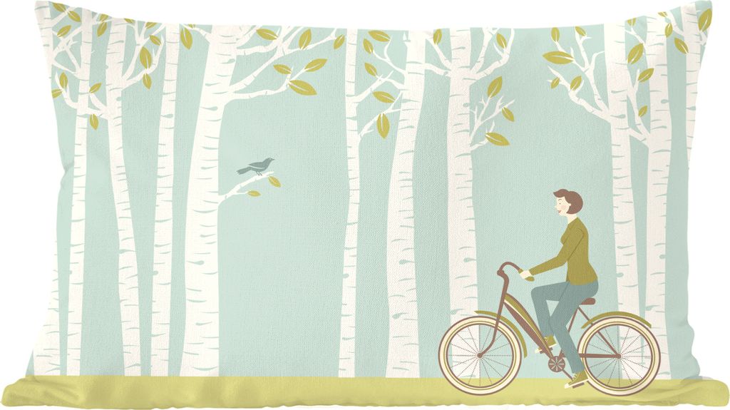 MuchoWow Zierkissen Sofakissen Wohnzimmer Dekokissen 50x30 cm Illustration einer Frau, die mit dem Fahrrad vor einem Birkenwäldchen fährt - Woh...