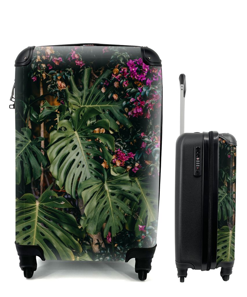 MuchoWow Koffer Handgepäck Trolley Rollkoffer Kleine Reisekoffer mit 4 Rollen - Grüne Monstera mit rosa Blüten - Cabin Size < 55x40x23 cm & 55...