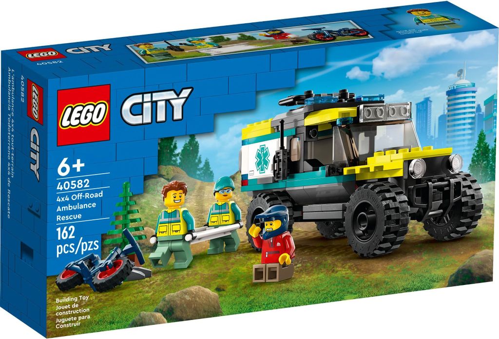 The image shows the packaging of a LEGO City 4x4 Off-Road Ambulance Rescue set, with a depiction of the assembled toy and minifigures in a natural outdoor setting.