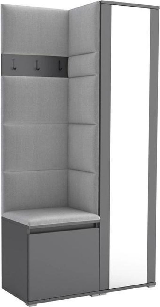 Garderoben-Set Noris VI mit Spiegel, gepolsterte Garderobe 95 cm, kompakte Flurmöbel mit Wandpaneelen, Haken und Stauraum (Farbe: Anthrazit + Trin...