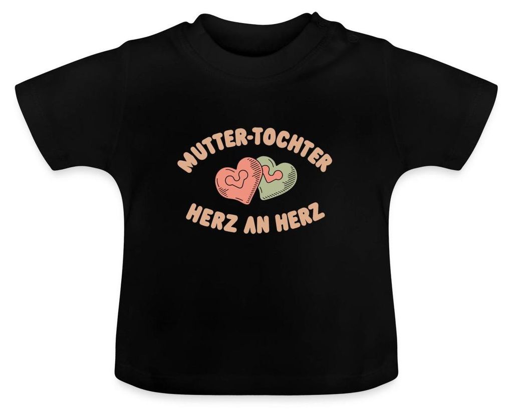 Spreadshirt Mutter-Tochter Herz an Herz Baby Bio-T-Shirt mit Rundhals, 6-12 Monate, Schwarz