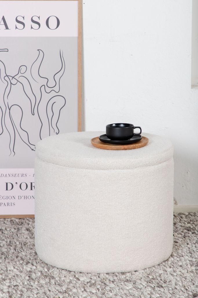 Dunken Pouf, Hocker mit Aufbewahrung Ø51cm Teddystoff weiß. Produktbild 2