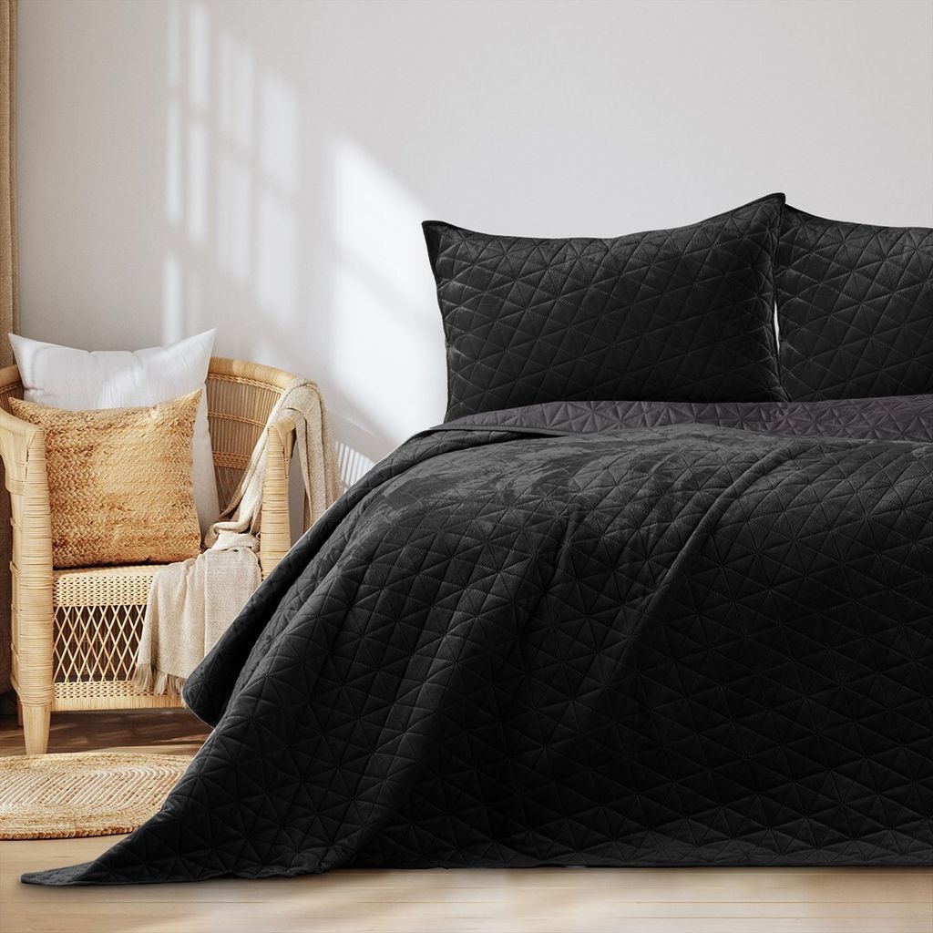 Tagesdecke Bettüberwurf Ultrasonic zweiseitge Steppung Samt 170 x 270 cm - Schwarz
