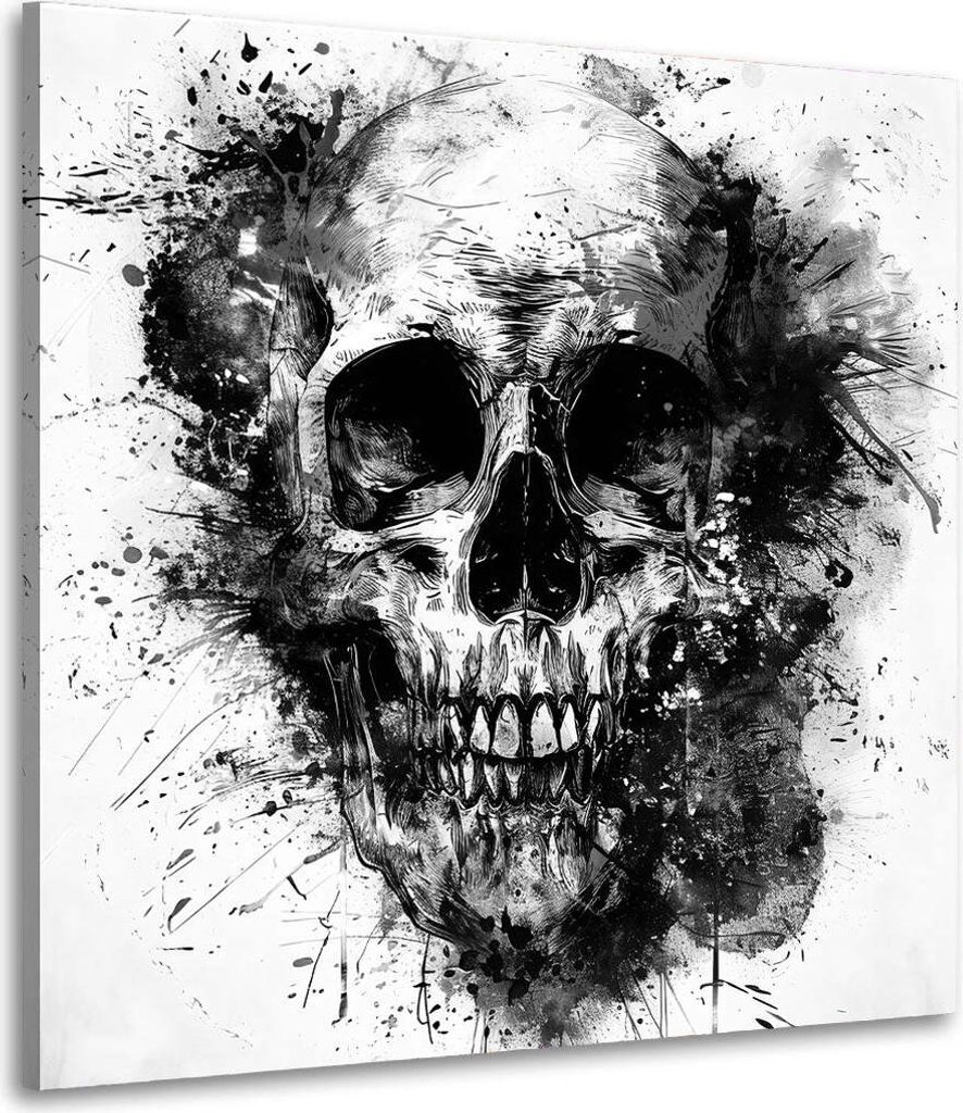 Totenkopf Schwarz Weiß Kunst Leinwandbild Wandbild Kunstdruck XL Wanddeko: 150x150x4cm