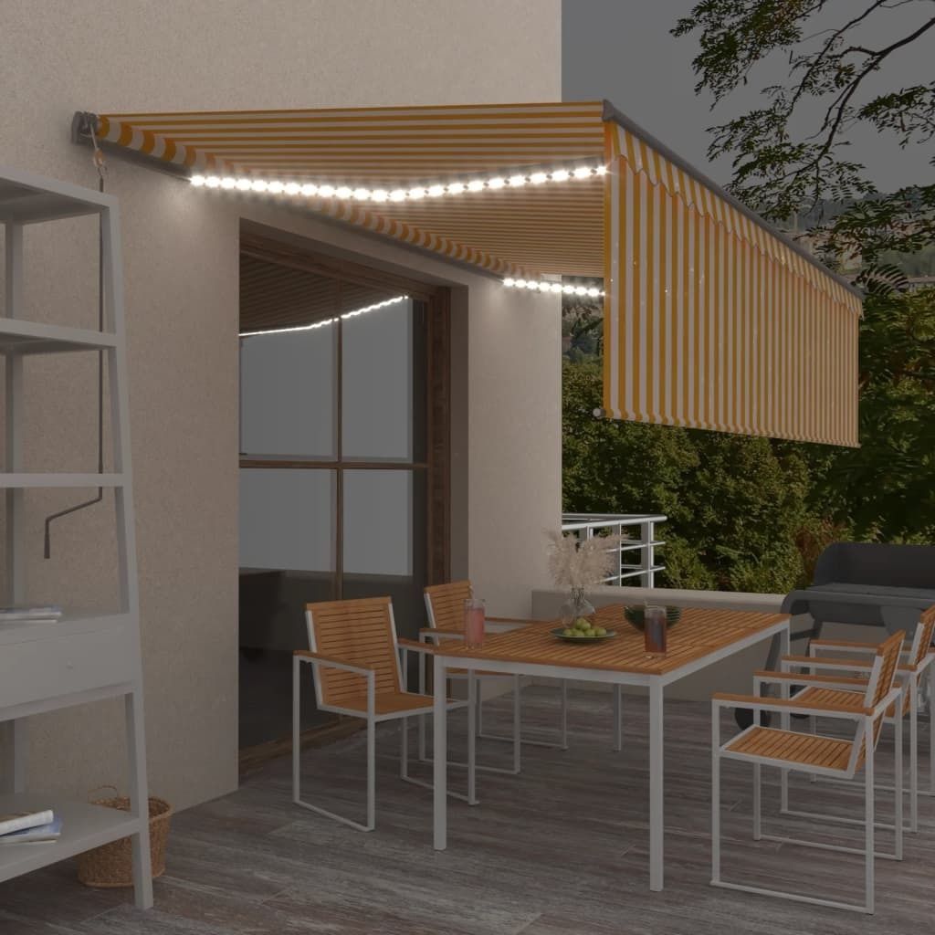 Markise Manuell Einziehbar mit Rollo & LED 5x3 m Gelb & Weiß 3069463