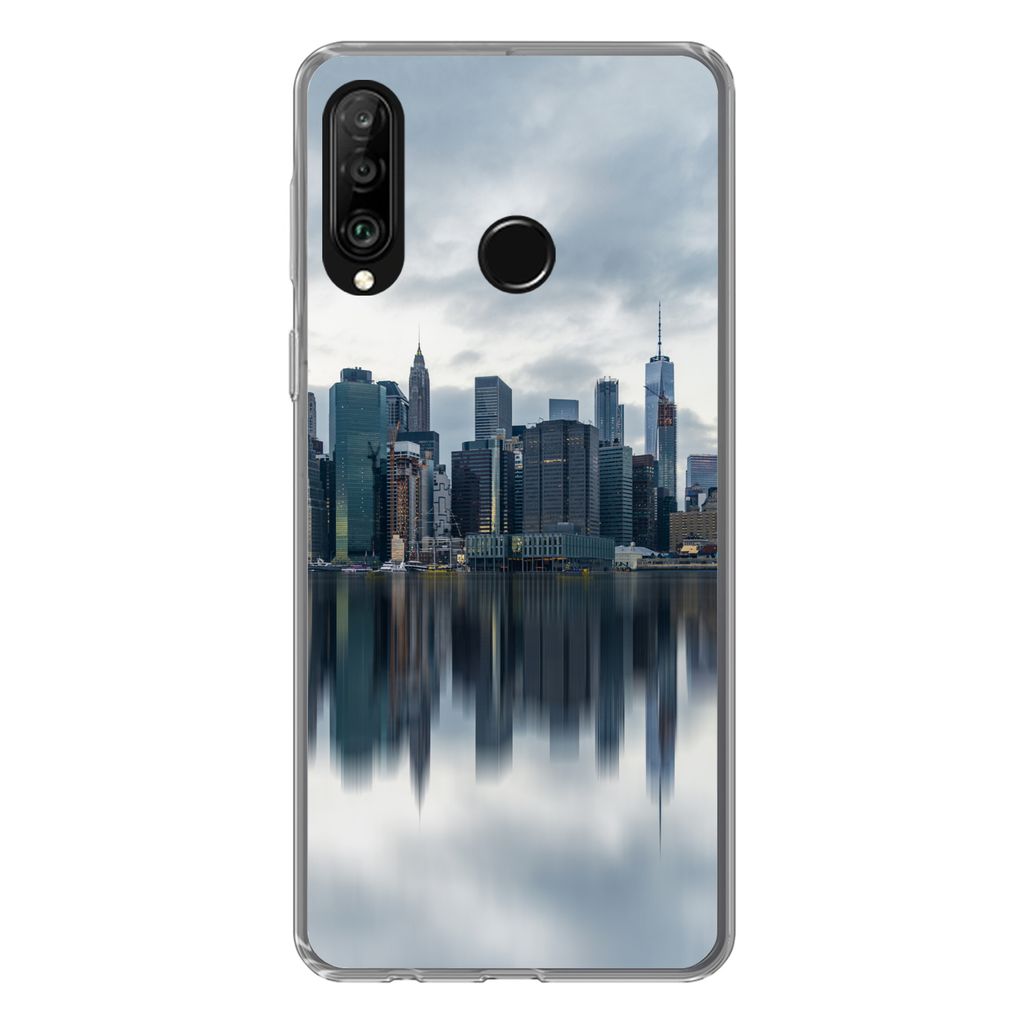 MuchoWow Handyhülle Schutzhülle Hülle für Huawei P30 Lite New York - Skyline - Spiegelung Silikon Softcase Handy Hülle - Handyhülle
