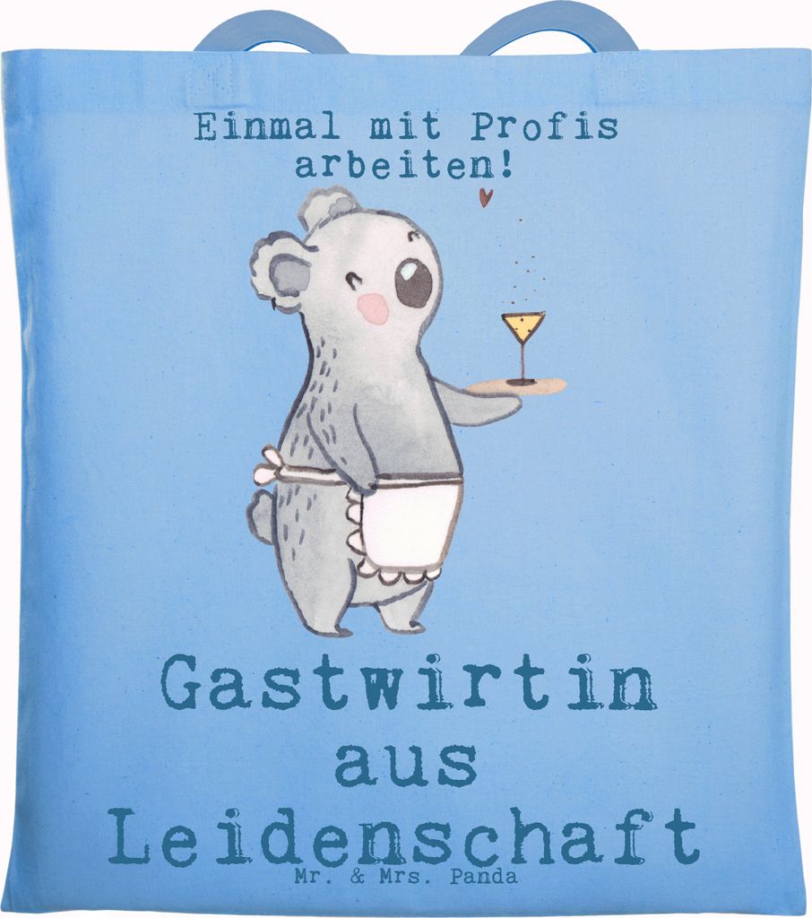 Mr. & Mrs. Panda Jutebeutel Gastwirtin Leidenschaft - Sky Blue - Geschenk, Schultasche, Tote Bag, Bar, Kneipe, Gaststätte, dokumententasche, Baumw...