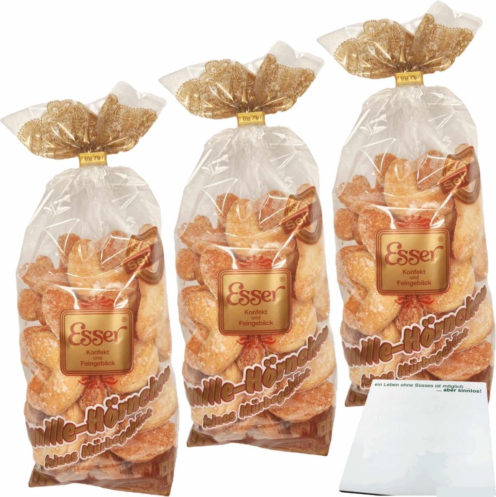Esser Vanille Hörnchen feines Mürbegebäck 3er Pack (3x300g Beutel) + usy Block