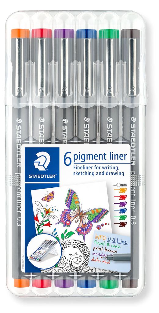 Staedtler Pigment Liner, Blau, Braun, Grün, Orange, Rot, Violett, Schwarz, 0,3 mm, Fein, Rund, Tinte auf Pigmentbasis