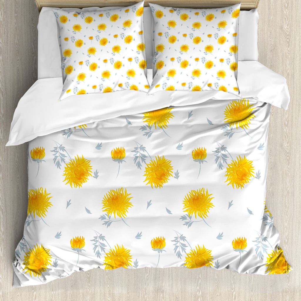 ABAKUHAUS Gelbe Blume Bettbezug, Herbst-Röschen, Milbensicher Allergiker geeignet mit Kissenbezügen, 200 cm x 200 cm - 80 x 80 cm, Mustard Pale Grau