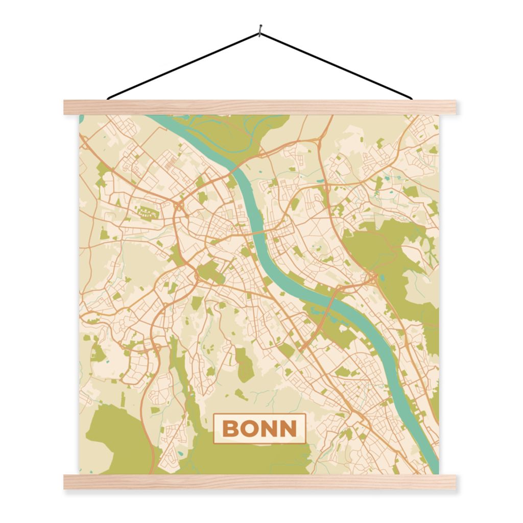 MuchoWow Textilposter Jahrgang - Bonn - Stadtplan - Karte 60x60 cm mit holzfarbenen Rahmen - Wanddekoration