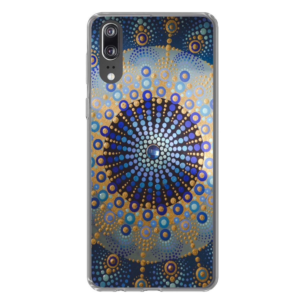 MuchoWow Handyhülle Schutzhülle Hülle für Huawei P20 Kreis - Mandala - Blau - Gelb Silikon Softcase Handy Hülle - Hardcover