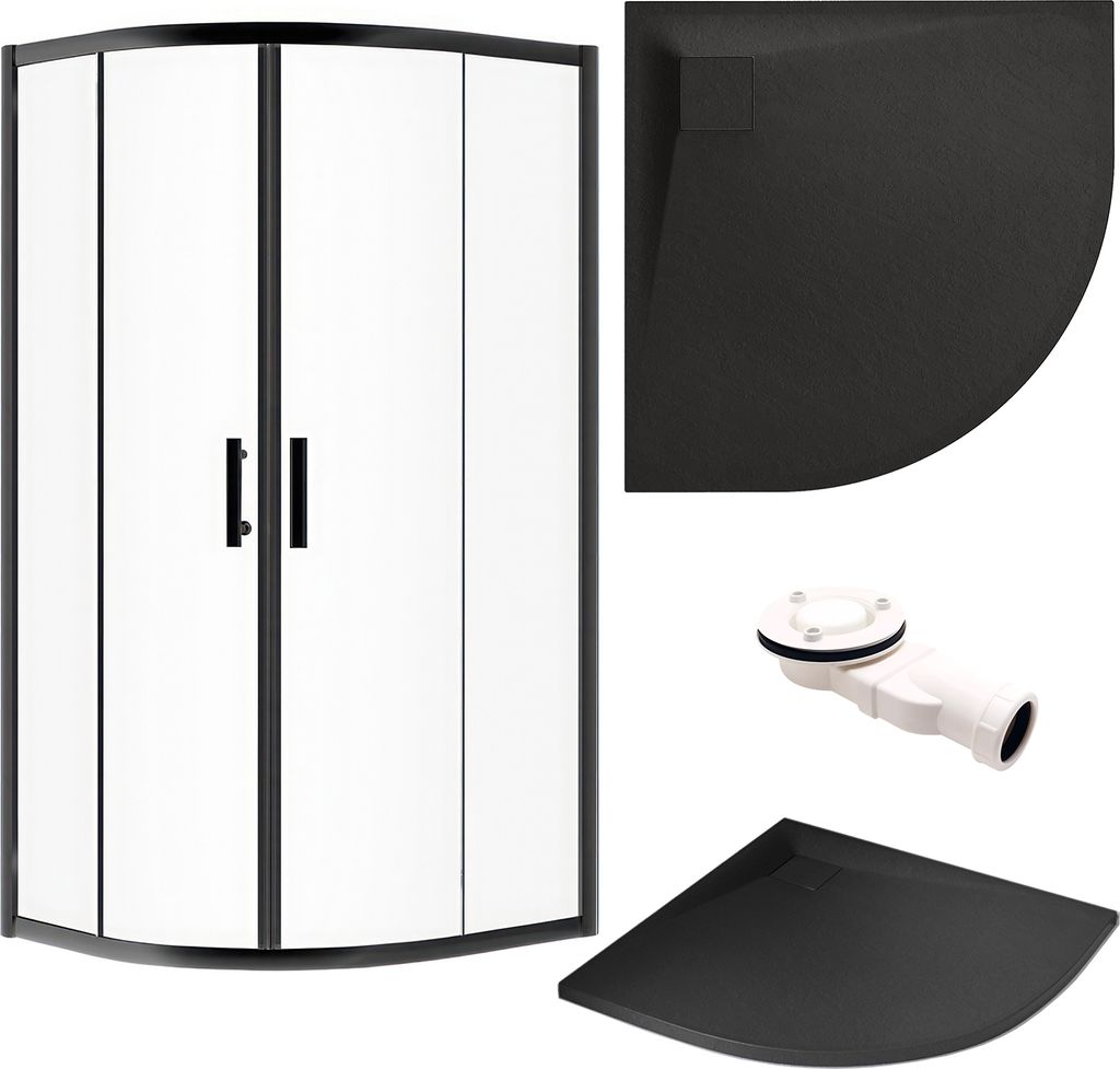 A collage of images showing a shower enclosure, a shower tray, and a drain fitting.